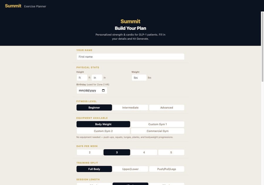 Summit Exercise Planner build your plan