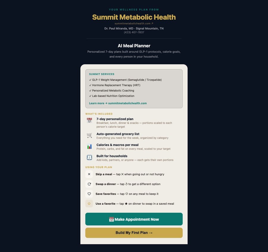 Summit Meal Planner welcome screen