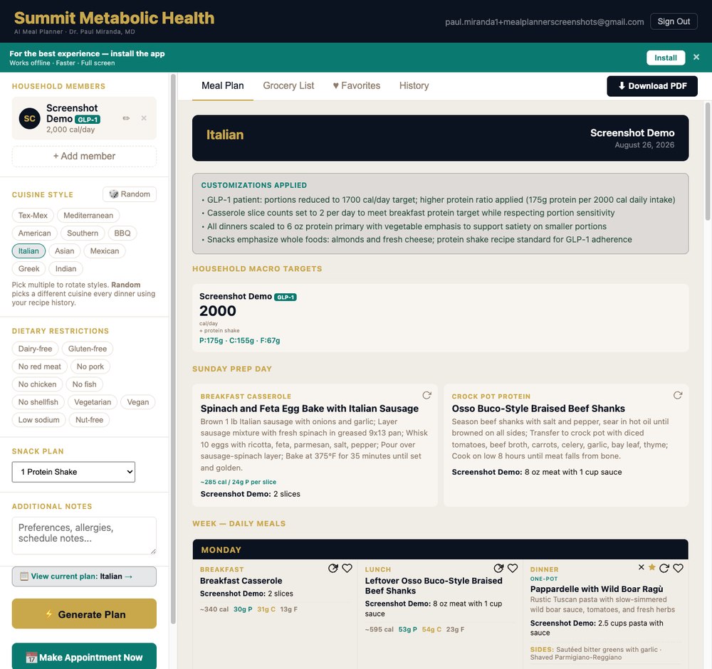 Summit Meal Planner generated 7-day plan