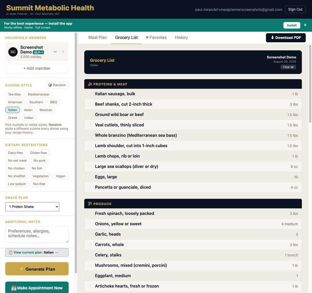 Summit Meal Planner auto-generated grocery list