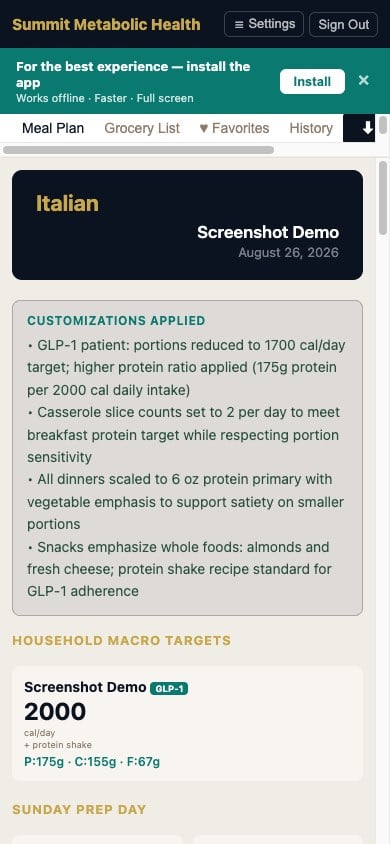 Summit Meal Planner mobile view