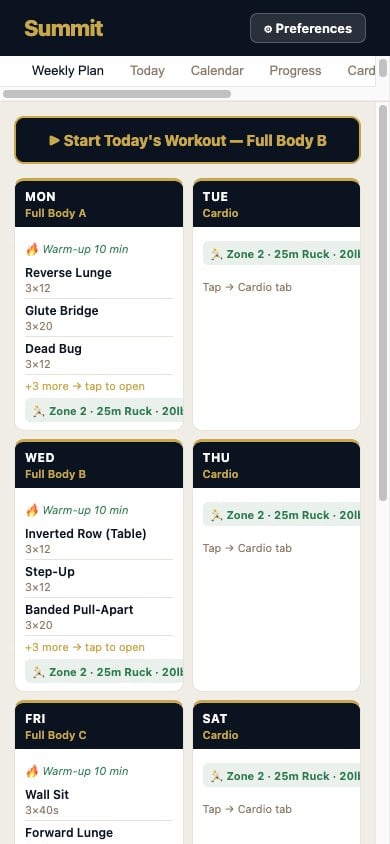 Summit Exercise Planner mobile view